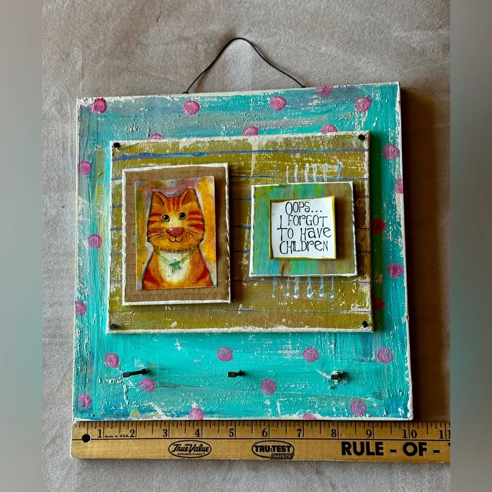 Handmade Cat Whimsical Folk Art Wall Hanging w/hooks. Double sided w/mirror!